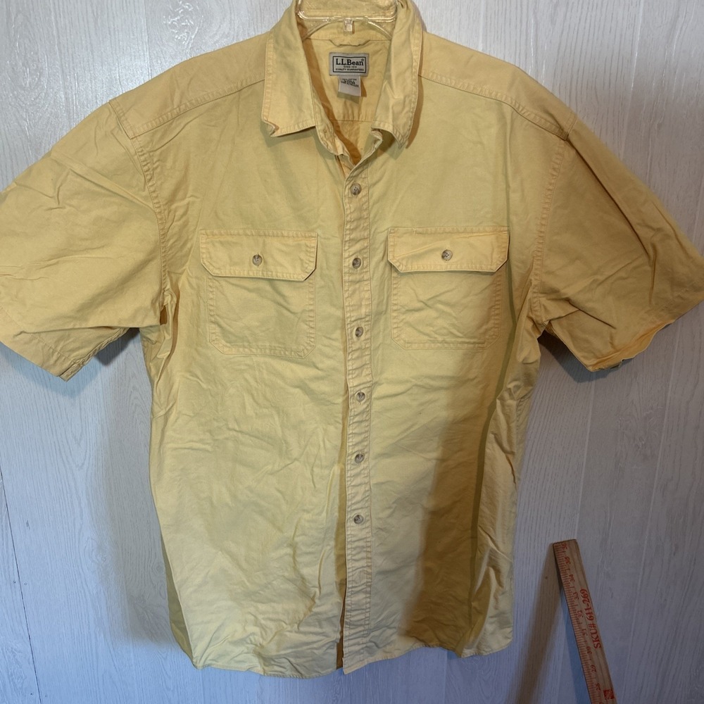 LL Bean Large Tall Butter Color Short Sleeve Cotton Utility Shirt